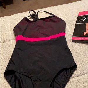 Pink and black halter leotard